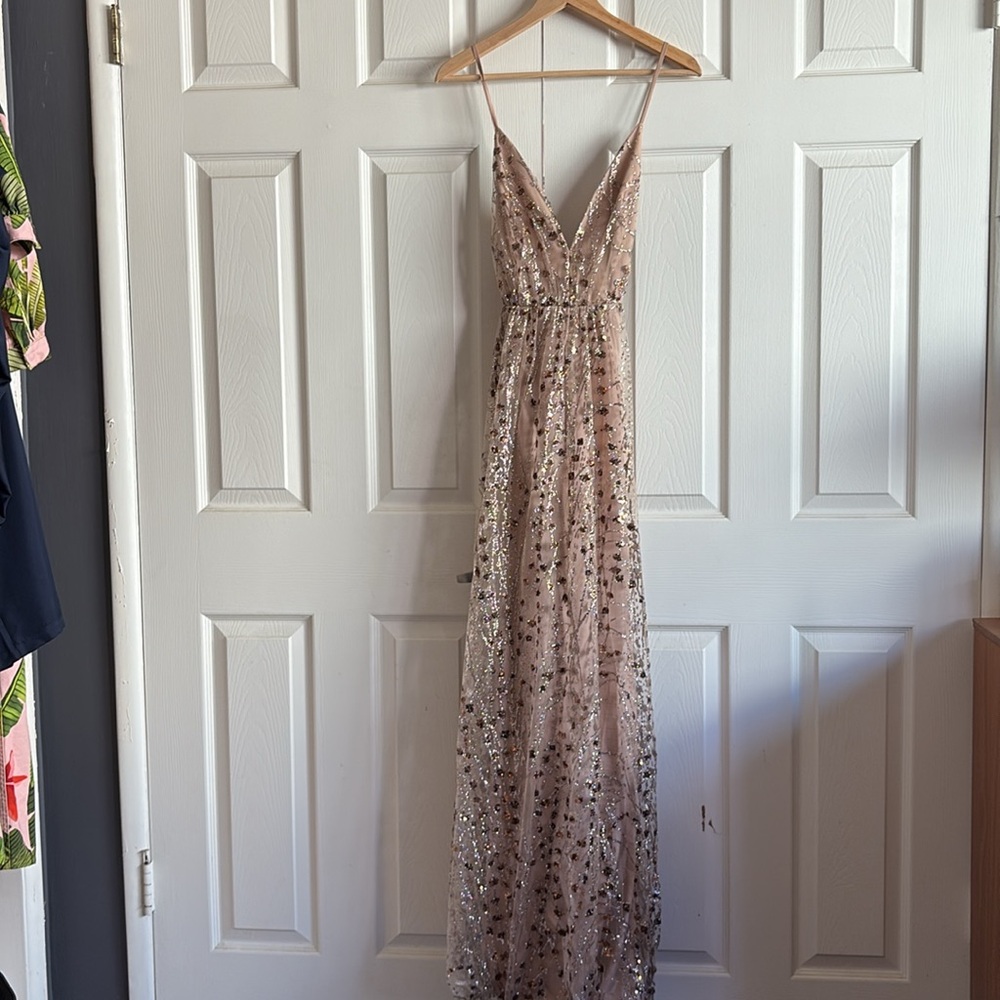 Lulu's Gold Backless Sequin Gown with Plunge Neckline for Prom